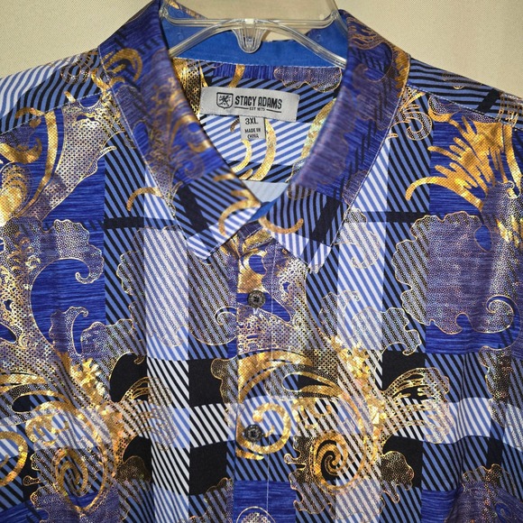 Stacy Adams Men's 3XL Button Down Shirt Blue Gold Plaid Baroque Print - Picture 1 of 6